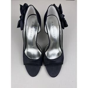 Rampage Chloe Black Satin Open Toe Heels Bow Accent Women’s 8M Evening Shoes